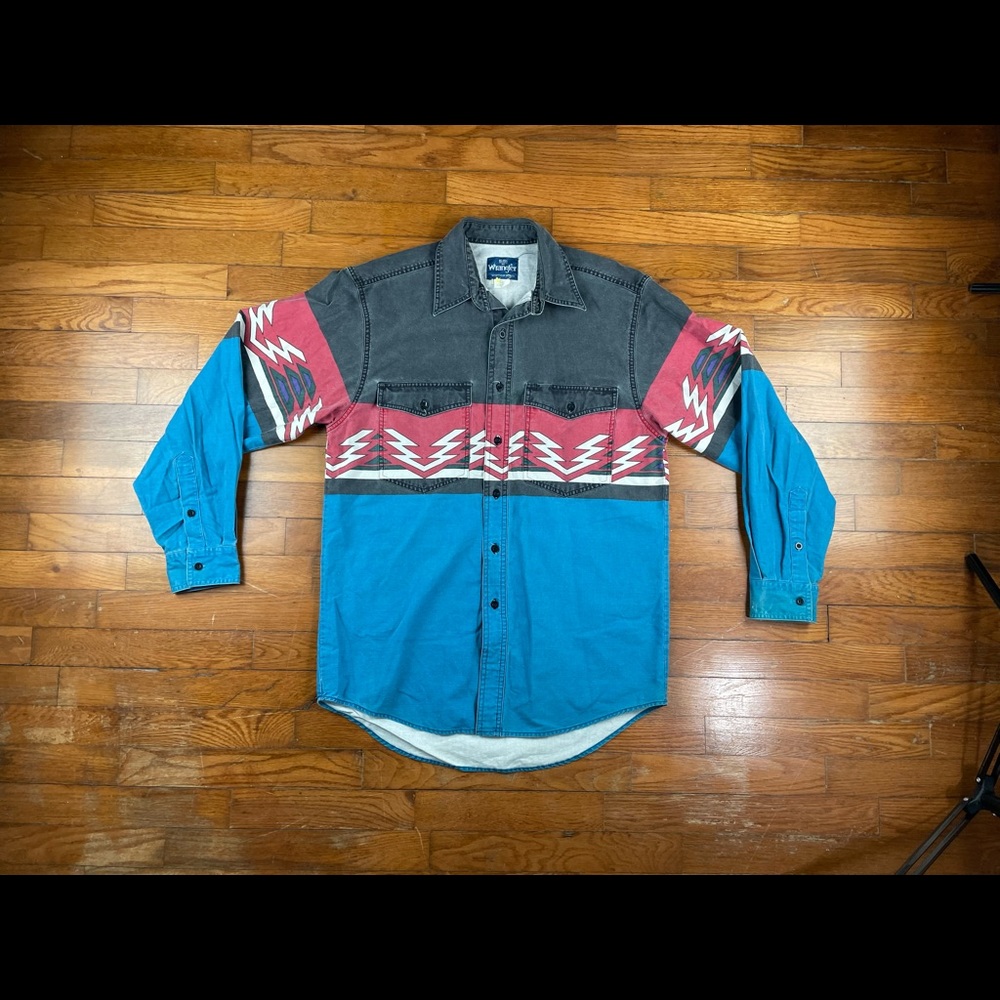 Vintage Wrangler Western Denim Aztec Style Shirt Western Design Button Up - Sz M